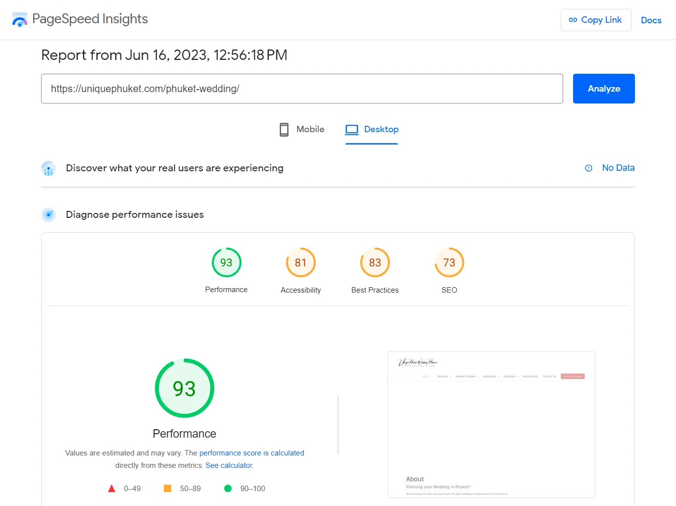 PageSpeed Insights Desktop report showing a performance score of 93.